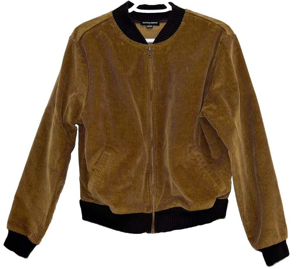 American Apparel Classic Corduroy Bomber Jacket L Camel Brown Made USA
